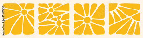 Set of 70s wavy sun flowers background. Summer  wavy flower retro groovy background. Yellow retro groovy flowers. 