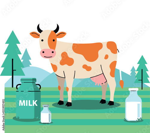 Cow with milk jars fresh dairy farm animal standing on green grass illustration vector design