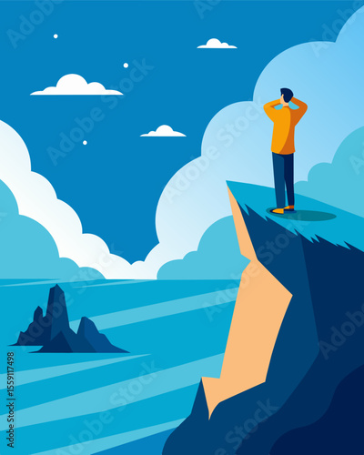 Standing on a cliff by the ocean a figure gazes out into the vast expanse their doubts echoing in the endless crashing of the waves below.. Vector illustration