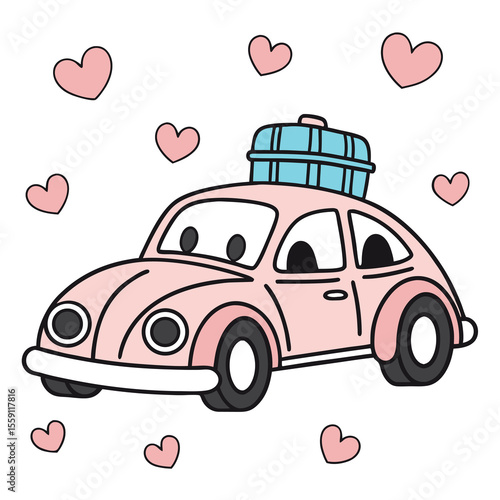 Cute Pink Car with Luggage on Roof and Hearts Floating Around