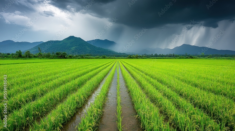 Fototapeta premium Lush rice paddy field, dramatic sky
