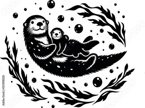 Sea Otter Family Floating in Water with Kelp and Bubbles, Fun Otter Silhouette for Beach Themes .