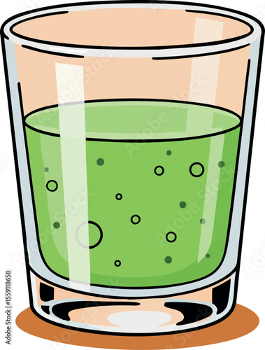 Glass of green juice with bubbles vector illustration for healthy lifestyle and refreshing drink ideas
