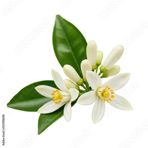 Two pristine neroli orange blossoms with white petals, yellow-orange stamens, green leaves, and buds, on a seamless clean white background with copy space, no shadows, high-contrast, ultra-realistic