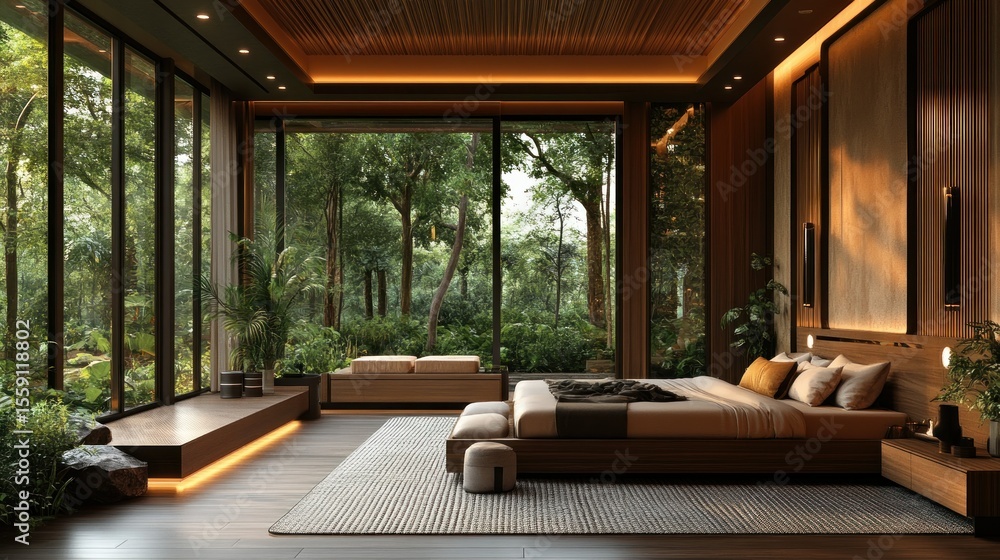 Fototapeta premium Luxurious modern bedroom with forest view