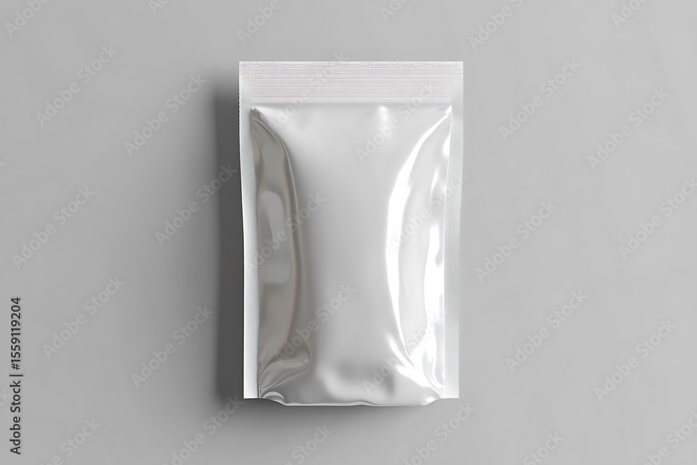Silver Foil Pouch on Gray Background, Shiny Packaging, Closed, Flat Lay Display Silver Foil Pouch on Gray Background, Shiny Packaging, Closed, Flat Lay Display
