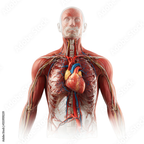 Detailed anatomical illustration of the human circulatory system and musculature