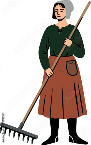 Woman holding garden rake wearing green blouse and brown skirt standing in simple vector style illustration