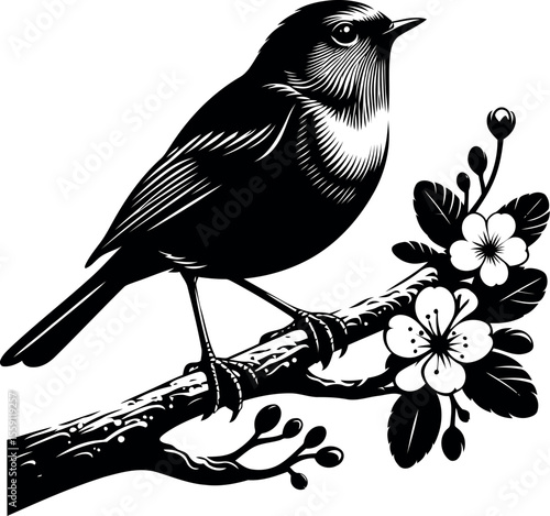 Peaceful Robin on Branch Silhouette Graphic Ideal for Digital Downloads and Nature Gifts.