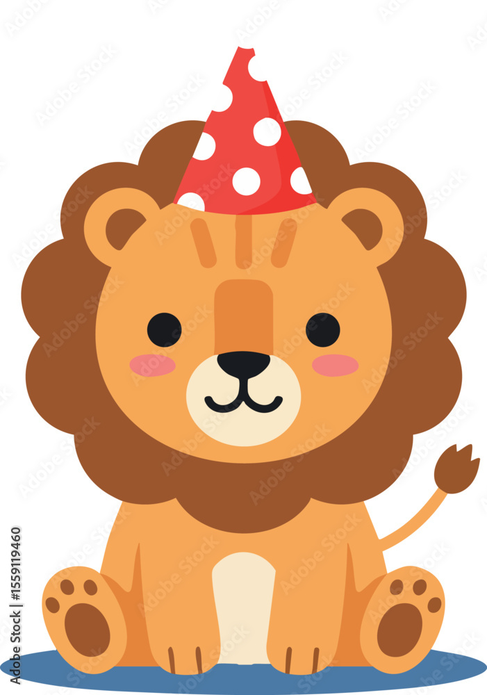 Fototapeta premium Cute lion cub wearing red party hat sitting on blue shadow with happy expression vector illustration