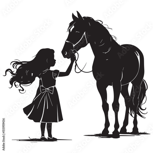 Silhouette of a young girl with long flowing hair gently touching a horse s muzzle