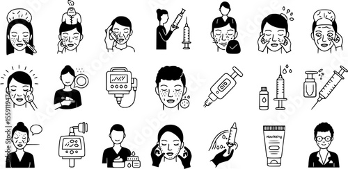 Mesotherapy icons set. Cosmetologists are performing facial treatments using needles, syringes, electric devices, creams, and other tools
