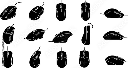 Vertical computer mouse icons set. Collection of ergonomic computer mice designed to support wrist health and prevent carpal tunnel syndrome, improving comfort and productivity for computer ...