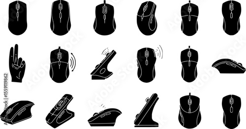 Vertical computer mouse icons set. Collection of ergonomic computer mice designed to support wrist health and prevent carpal tunnel syndrome, improving comfort and productivity for computer ...