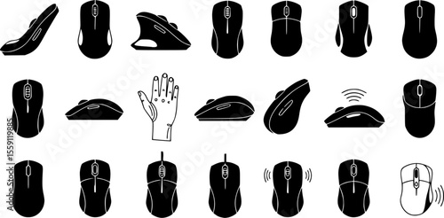 Vertical computer mouse icons set. Collection of ergonomic computer mice designed to support wrist health and prevent carpal tunnel syndrome, improving comfort and productivity for computer ...