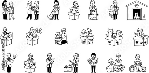 Homeless pet icons set. Veterinarians and volunteers holding, cuddling, and caring for various cats and dogs, some looking sad and abandoned in boxes

