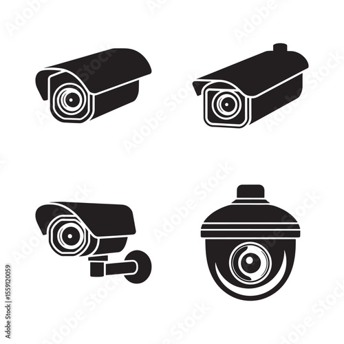 Collection of four black security camera icons isolated on white background