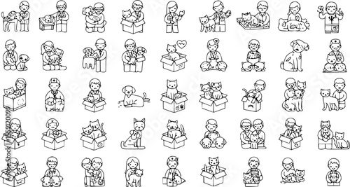 Homeless pet icons set. Veterinarians and volunteers holding, cuddling, and caring for various cats and dogs, some looking sad and abandoned in boxes

