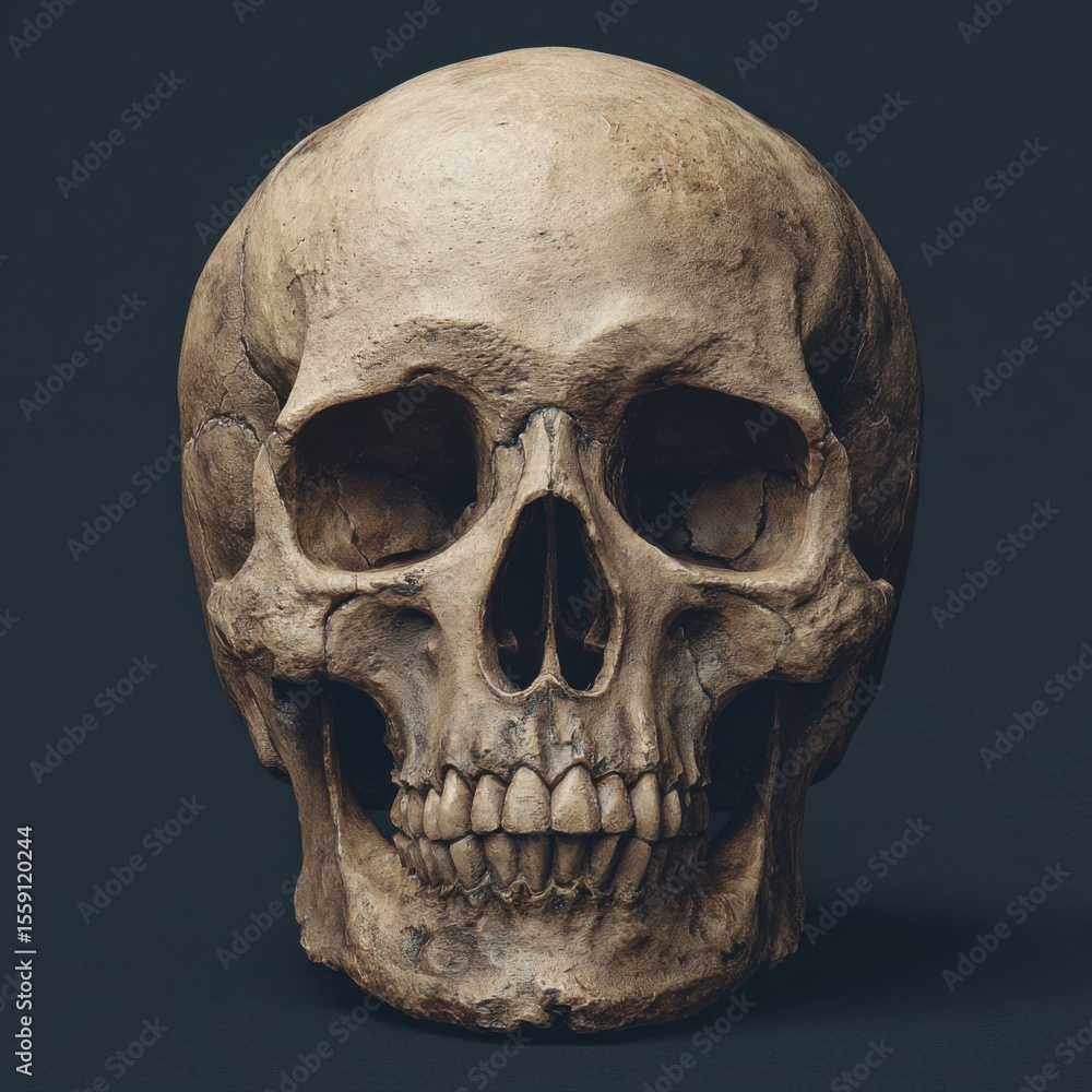 Obraz premium This display showcases a realistic ancient skull, highlighting intricate details of the bone structure and dental formation, offering insight into human anatomy and history.