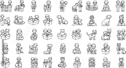 Homeless pet icons set. Veterinarians and volunteers holding, cuddling, and caring for various cats and dogs, some looking sad and abandoned in boxes
