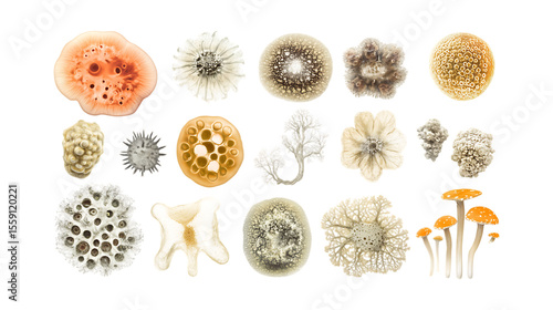 Collection of diverse microscopic biological cell shapes and fungi patterns are arranged randomly isolated on a clean transparent background for