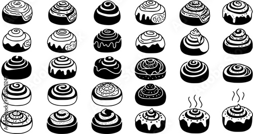 Cinnamon bun icons set. Cinnamon rolls are depicted in various shapes and presentations, showcasing swirls, icing, and different baking styles
