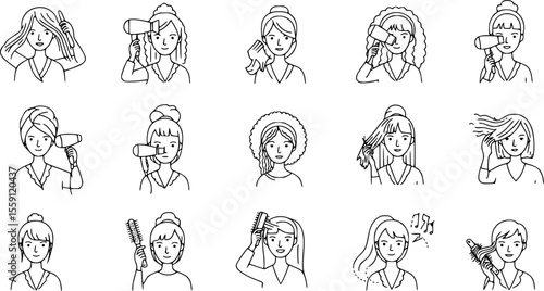 Girl dries hair icons set. Line icons depicting women using hair dryers, showcasing various hairstyles and hair drying techniques
