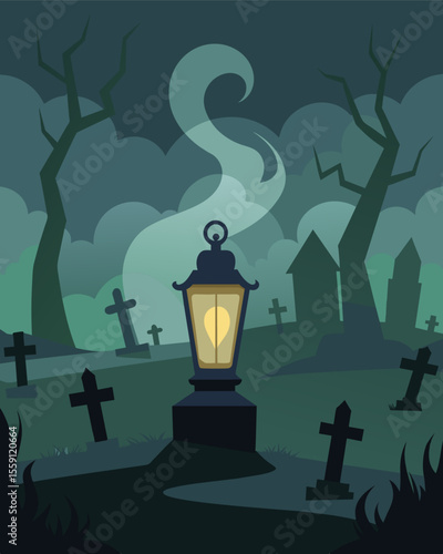 The flickering gaslight in the foggy cemetery gave the illusion of ghostly apparitions flitting a the graves.. Vector illustration