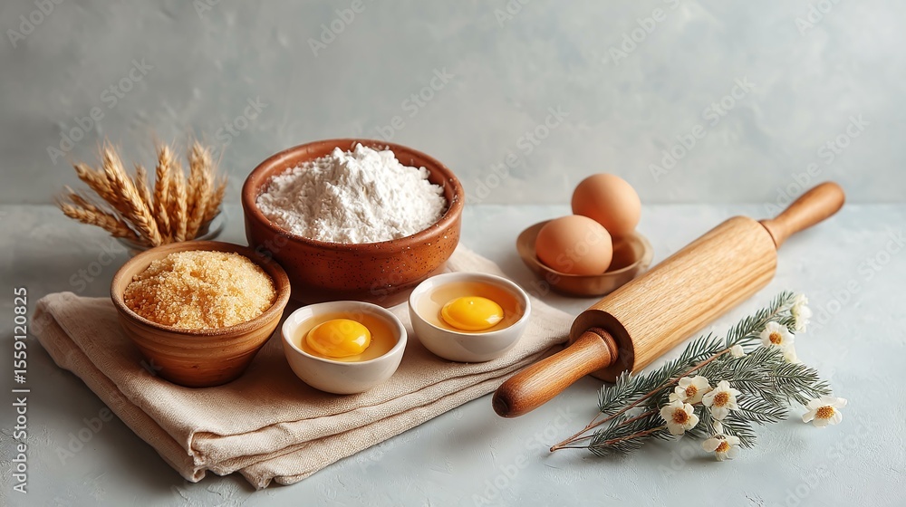 Fototapeta premium Baking Ingredients and Utensils on a Table
