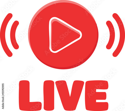 Live streaming red play button icon with broadcast signal vector illustration for digital media and online content