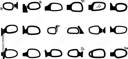 Side rear view mirror icons set. Set of simple black icons representing various designs of car side mirrors, essential for safe driving and rearview awareness