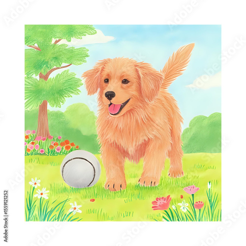 Golden retriever puppy playing fetch in garden illustration digital art design image