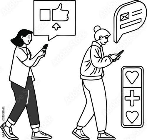 This black and white illustration depicts two individuals engaged with their smartphones