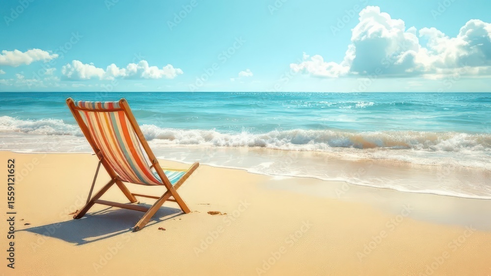 Beach Chair: A inviting beach chair on a sandy shore, the calming presence of the sea. The scene exudes tranquility and the promise of relaxation under the warm sun. Beach Chair: A inviting beach chair on a sandy shore, the calming presence of the sea. The scene exudes tranquility and the promise of relaxation under the warm sun.