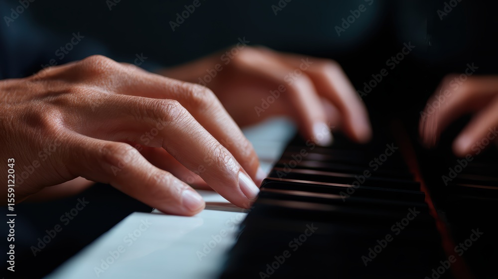 Obraz premium Close-up of hands playing grand piano keys with focused expression