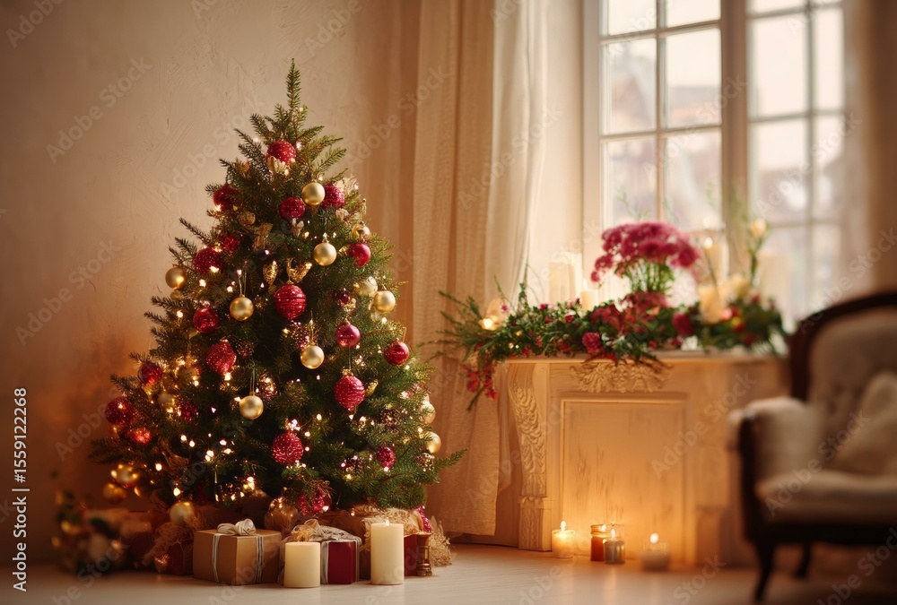 Christmas Tree Decorated in a Cozy Room Christmas Tree Decorated in a Cozy Room