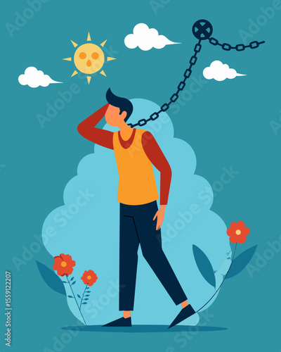 The realization that the stress chains are selfinflicted as a person attempts to break free from their own negative thoughts and worries.. Vector illustration