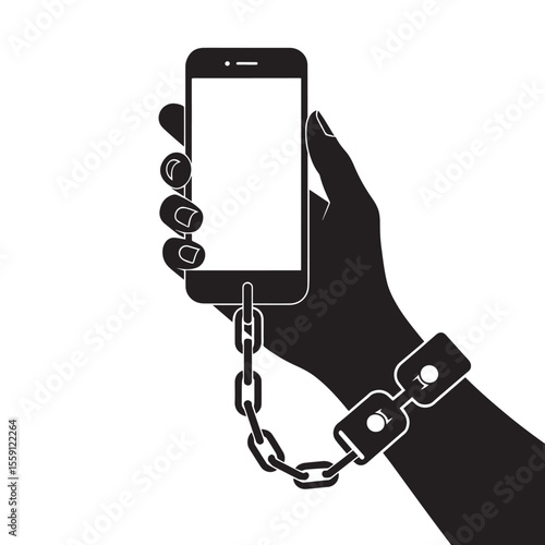 Conceptual vector icon of a hand handcuffed to a smartphone, symbolizing technology addiction.