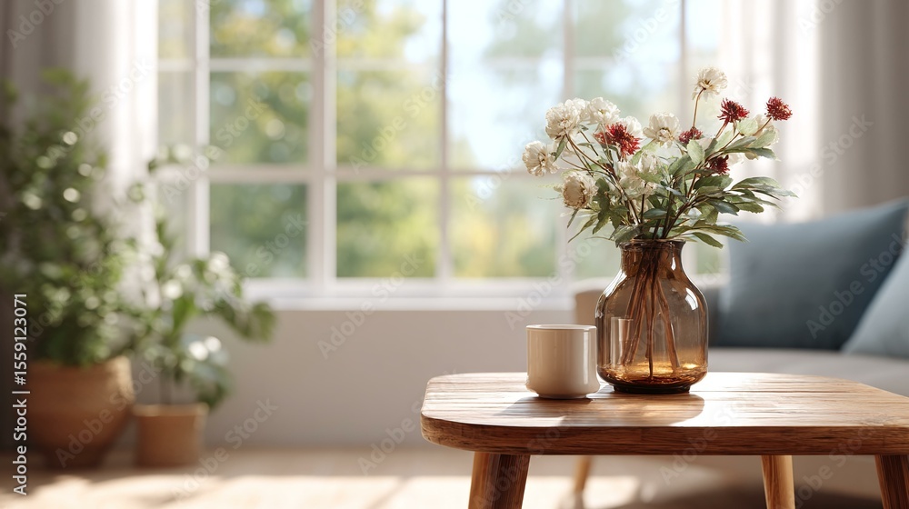 Cozy Living Room Scene with Flowers and Sunlight Cozy Living Room Scene with Flowers and Sunlight