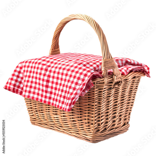 Wicker Picnic Basket with Red and White Checkered Cloth