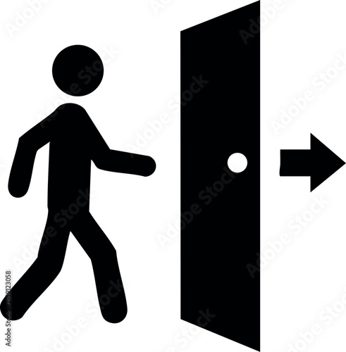 Person walking through door exit symbol icon vector illustration black and white design
