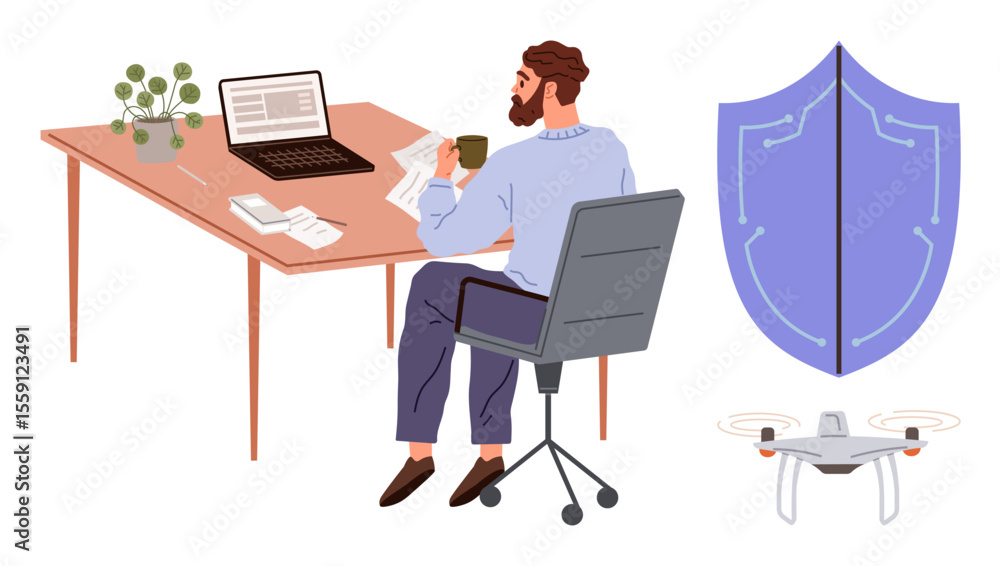 Person seated at desk with laptop, papers, and coffee, beside drone and shield. Ideal for technology, security, innovation, remote work safety research and digital marketing. Simple flat metaphor Person seated at desk with laptop, papers, and coffee, beside drone and shield. Ideal for technology, security, innovation, remote work safety research and digital marketing. Simple flat metaphor
