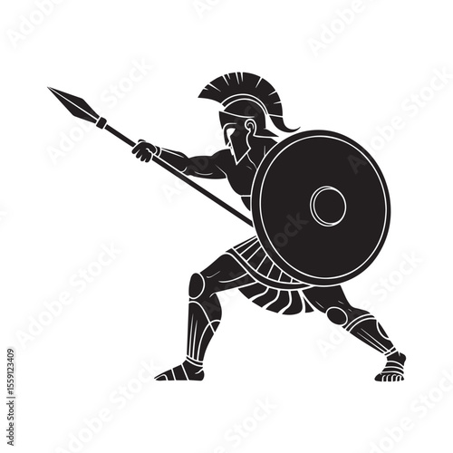 Vector illustration of an ancient Greek Spartan warrior in a fighting pose with a spear and shield
