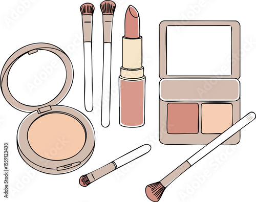 Makeup set with lipstick powder brushes and eyeshadow palette vector illustration for beauty and cosmetics design