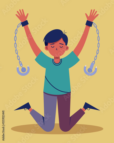 Despite being physically unrestrained the persons actions are dictated by the unseen handcuffs of societys expectations.. Vector illustration