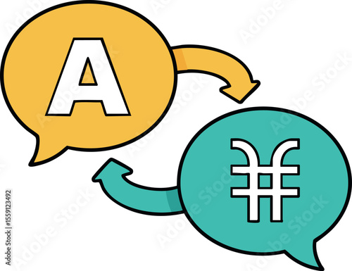 Language translation communication icon with letter A and yen symbol in speech bubbles vector design