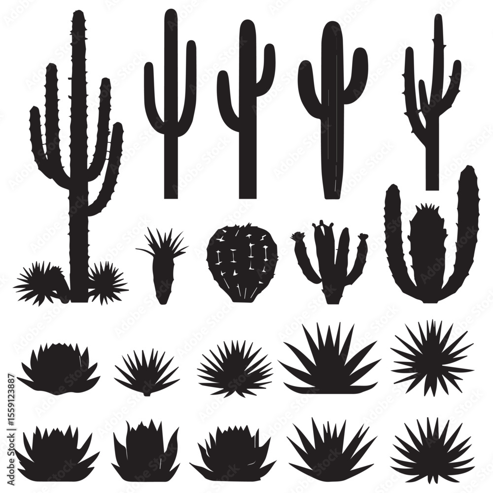 Fototapeta premium Collection of diverse black silhouette cacti and succulents on a white background