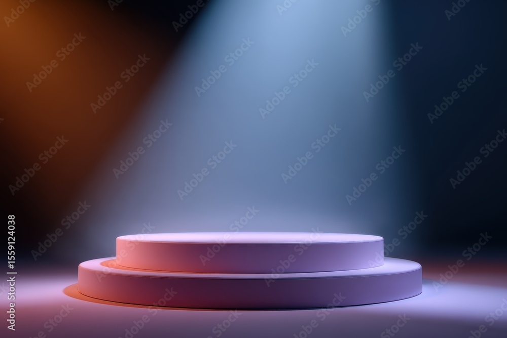 Obraz premium Professional empty stage with podium and muted gradient backdrop, spotlight focused