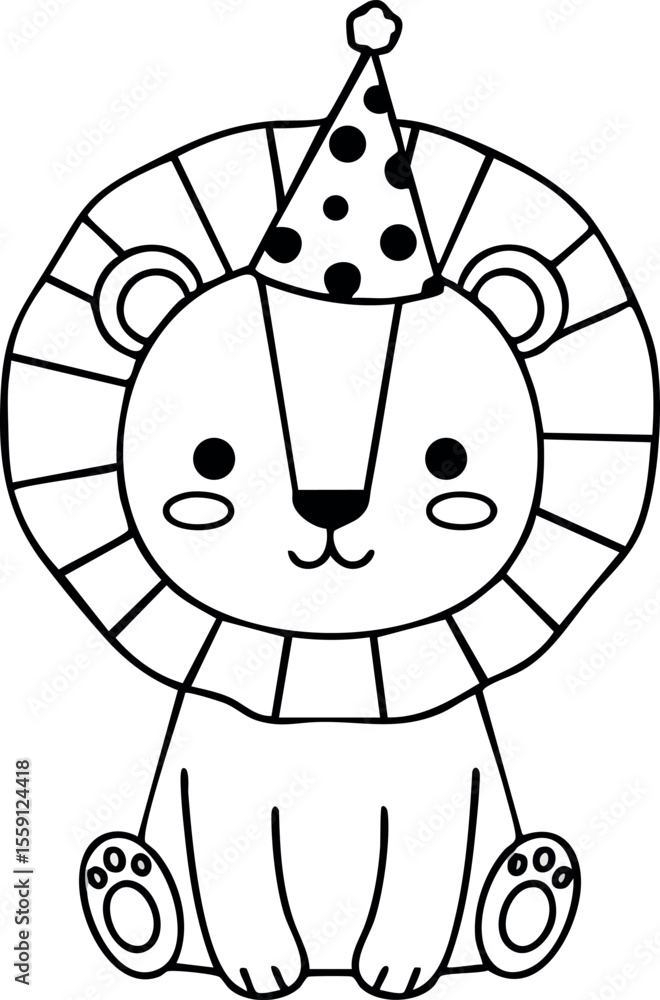 Fototapeta premium Cute lion cub wearing party hat sitting adorable cartoon style black and white vector illustration