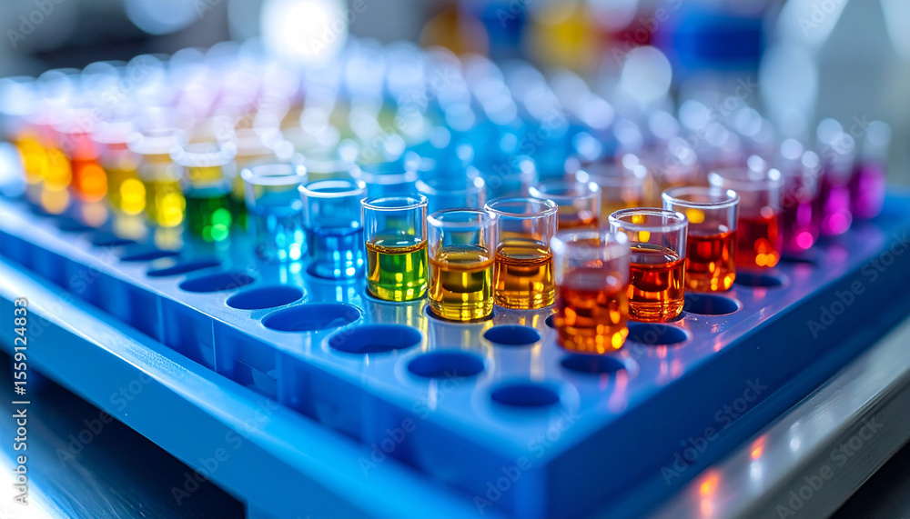 Fototapeta premium Colorful Laboratory Chemistry: A collection of small glass vials filled with vibrant, colorful liquids arranged in a precise array.